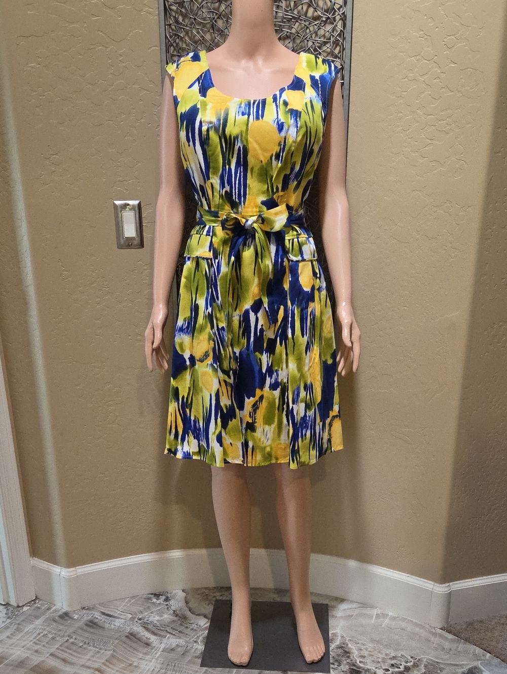 Calvin Klein Sleeveless Yellow & Blue Abstract Print Scoopneck Tie-Waist Dress